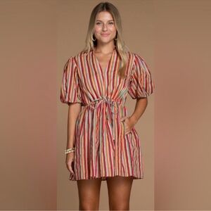 Multicolor Striped Tie-Waist Puff Sleeve Mini Dress - NWOT